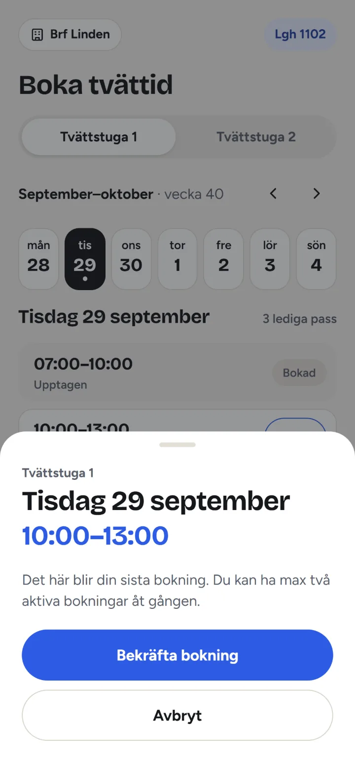 Bekräfta bokning: Tvättstuga 1, tisdag 29 september klockan 10–13, med knapparna Bekräfta bokning och Avbryt.