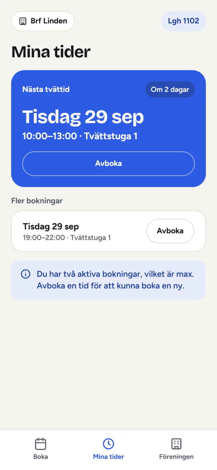 Skärmen Mina tider i appen: nästa tvättid är tisdag 29 september klockan 10–13 i Tvättstuga 1.