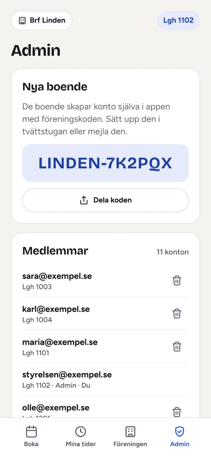 Adminfliken: föreningskoden LINDEN-7K2PQX med knappen Dela koden, och listan över medlemmar.